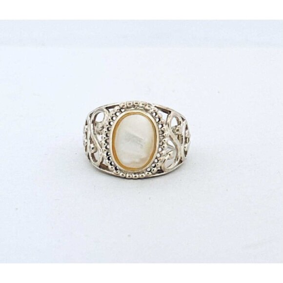 Estate Sterling Silver 925 Ring Size 8 Filigree Design with Oval Mother of Pearl - Picture 1 of 12